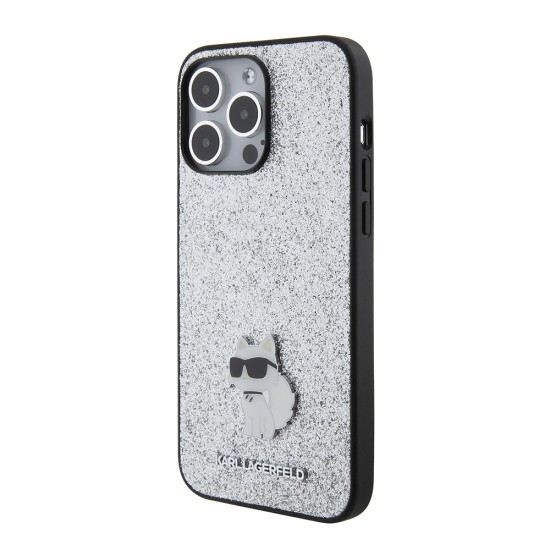 Husa pentru iPhone 15 Pro Max - Karl Lagerfeld Hardcase Glitter Fixed (KLHCP15XGCNPSG) - Silver Choupette Logo