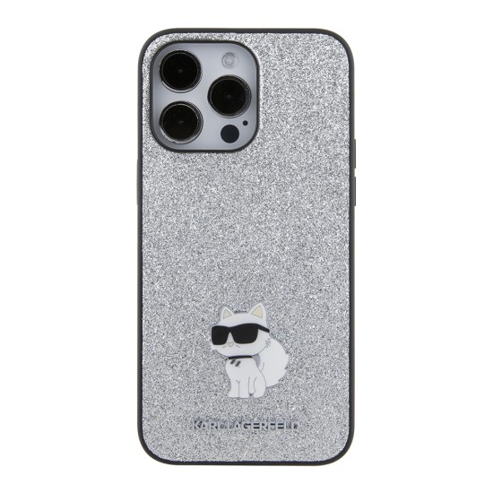 Husa pentru iPhone 15 Pro Max - Karl Lagerfeld Hardcase Glitter Fixed (KLHCP15XGCNPSG) - Silver Choupette Logo