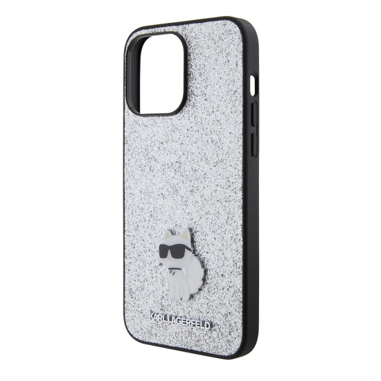 Husa pentru iPhone 15 Pro Max - Karl Lagerfeld Hardcase Glitter Fixed (KLHCP15XGCNPSG) - Silver Choupette Logo