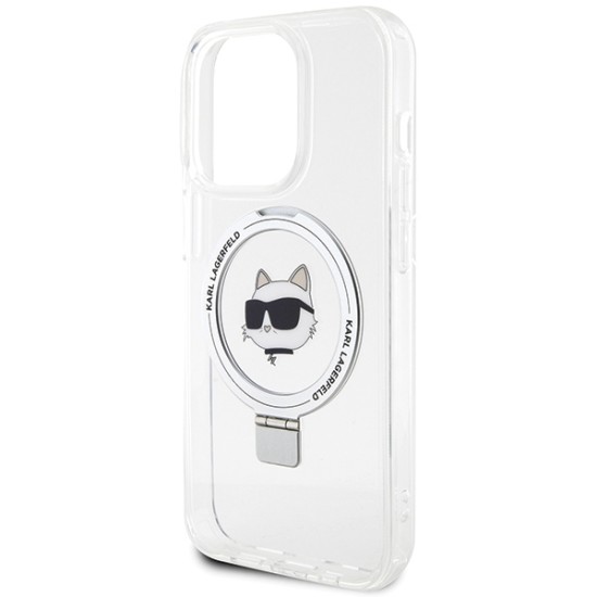 Husa pentru iPhone 15 Pro Max - Karl Lagerfeld Hardcase Ring Stand MagSafe (KLHMP15XHMRSCHH) - White Choupette Head