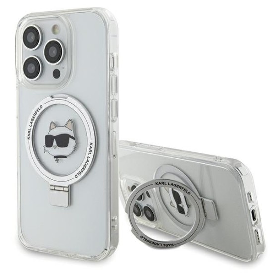 Husa pentru iPhone 15 Pro Max - Karl Lagerfeld Hardcase Ring Stand MagSafe (KLHMP15XHMRSCHH) - White Choupette Head