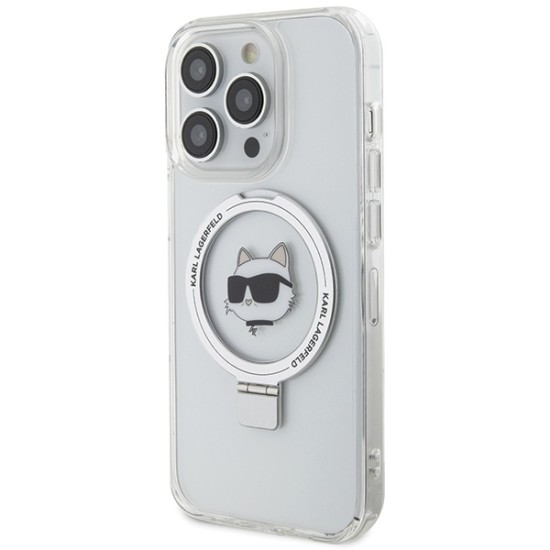 Husa pentru iPhone 15 Pro Max - Karl Lagerfeld Hardcase Ring Stand MagSafe (KLHMP15XHMRSCHH) - White Choupette Head