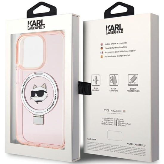 Husa pentru iPhone 15 Pro Max - Karl Lagerfeld Hardcase Ring Stand MagSafe (KLHMP15XHMRSCHP) - Pink Choupette Head