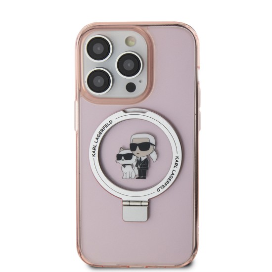 Husa pentru iPhone 15 Pro Max - Karl Lagerfeld Hardcase Ring Stand MagSafe (KLHMP15XHMRSKCP) - Pink Karl&Choupette