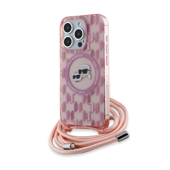 Husa pentru iPhone 15 Pro Max - Karl Lagerfeld IML Crossbody MagSafe (KLHMP15XHCKCKLCP) - Pink Monogram Karl&Choupette Head