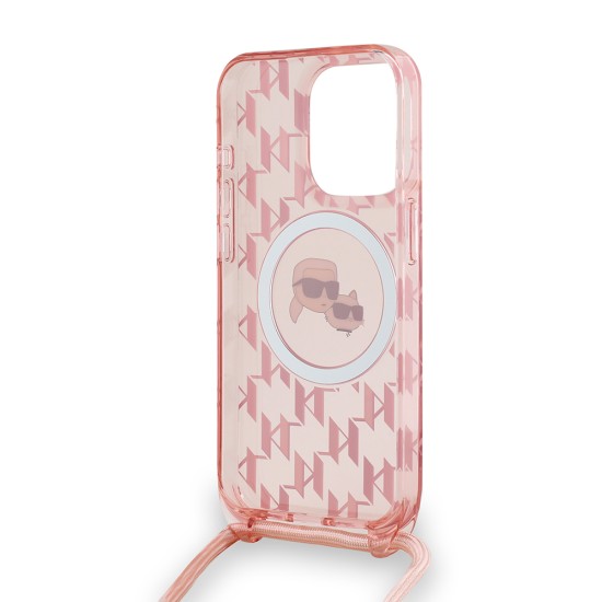 Husa pentru iPhone 15 Pro Max - Karl Lagerfeld IML Crossbody MagSafe (KLHMP15XHCKCKLCP) - Pink Monogram Karl&Choupette Head