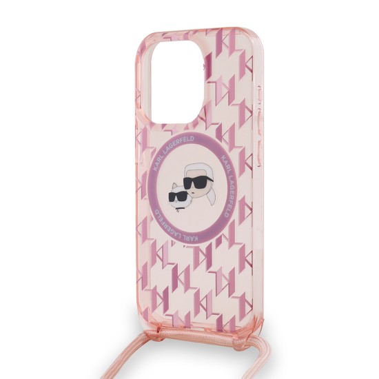 Husa pentru iPhone 15 Pro Max - Karl Lagerfeld IML Crossbody MagSafe (KLHMP15XHCKCKLCP) - Pink Monogram Karl&Choupette Head