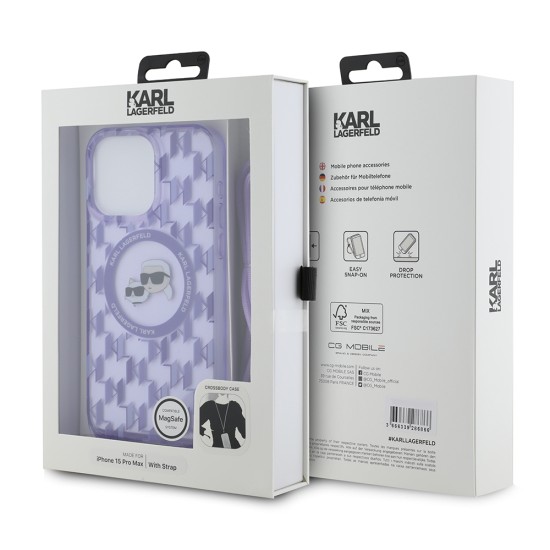 Husa pentru iPhone 15 Pro Max - Karl Lagerfeld IML Crossbody MagSafe (KLHMP15XHCKCKLCU) - Purple Monogram Karl&Choupette Head