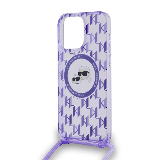 Husa pentru iPhone 15 Pro Max - Karl Lagerfeld IML Crossbody MagSafe (KLHMP15XHCKCKLCU) - Purple Monogram Karl&Choupette Head