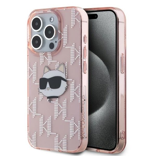 Husa pentru iPhone 15 Pro Max - Karl Lagerfeld IML Luxury (KLHCP15XHKLPCHP) - Pink Choupette Head&Monogram