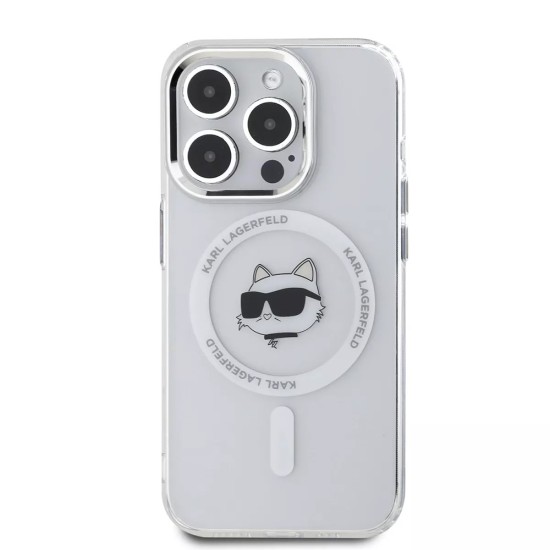 Husa pentru iPhone 15 Pro Max - Karl Lagerfeld IML MagSafe (KLHMP15XHLSCHH) - White Metal Choupette`s Head