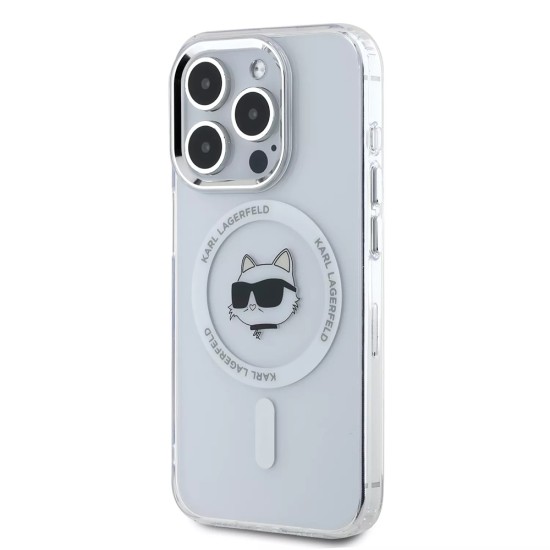 Husa pentru iPhone 15 Pro Max - Karl Lagerfeld IML MagSafe (KLHMP15XHLSCHH) - White Metal Choupette`s Head