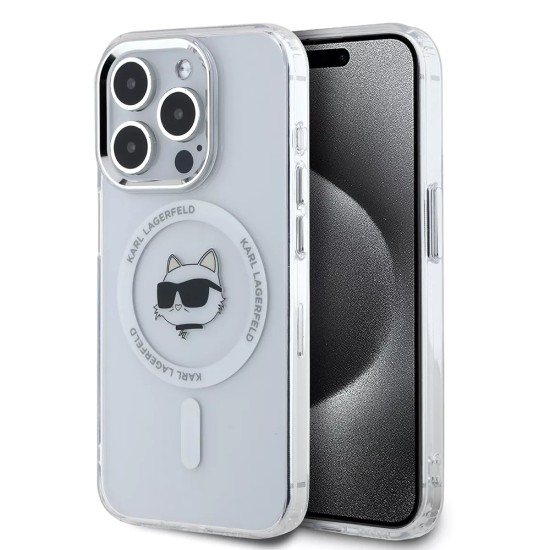 Husa pentru iPhone 15 Pro Max - Karl Lagerfeld IML MagSafe (KLHMP15XHLSCHH) - White Metal Choupette`s Head