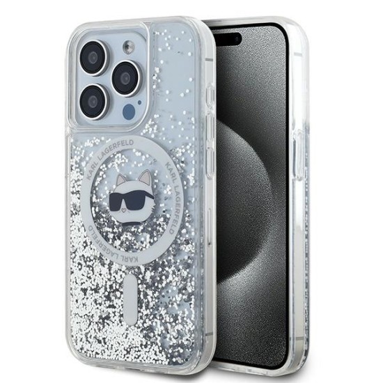 Husa pentru iPhone 15 Pro Max - Karl Lagerfeld Liquid Glitter MagSafe (KLHMP15XLGCHSGH) - Transparent Choupette Head