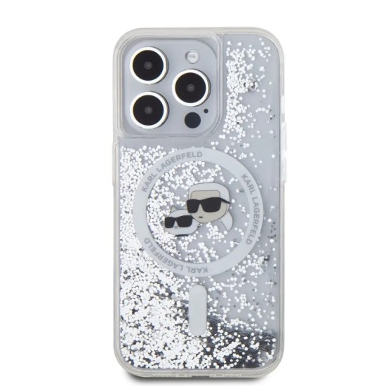 Husa pentru iPhone 15 Pro Max - Karl Lagerfeld Liquid Glitter MagSafe (KLHMP15XLGKCSGH) - Transparent Karl&Choupette Head