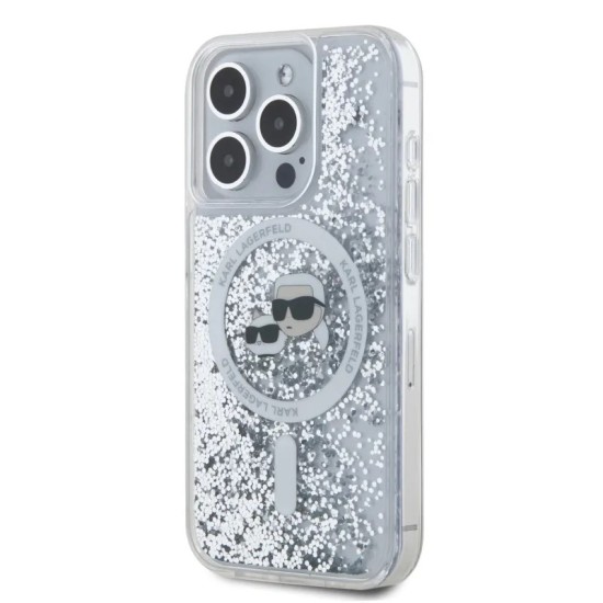 Husa pentru iPhone 15 Pro Max - Karl Lagerfeld Liquid Glitter MagSafe (KLHMP15XLGKCSGH) - Transparent Karl&Choupette Head