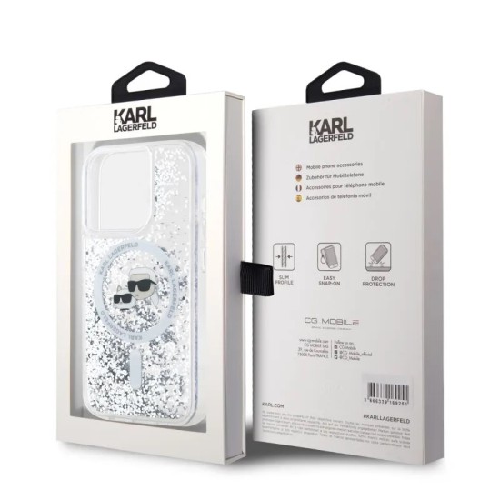 Husa pentru iPhone 15 Pro Max - Karl Lagerfeld Liquid Glitter MagSafe (KLHMP15XLGKCSGH) - Transparent Karl&Choupette Head