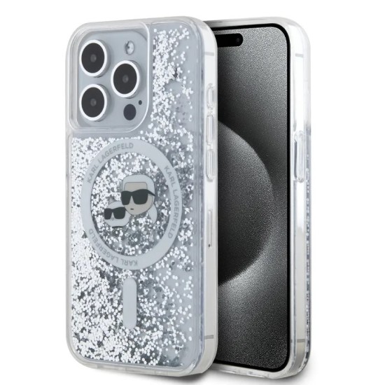 Husa pentru iPhone 15 Pro Max - Karl Lagerfeld Liquid Glitter MagSafe (KLHMP15XLGKCSGH) - Transparent Karl&Choupette Head