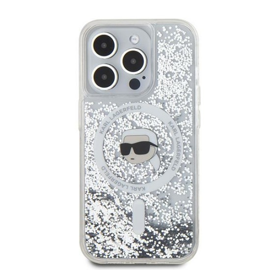 Husa pentru iPhone 15 Pro Max - Karl Lagerfeld Liquid Glitter MagSafe (KLHMP15XLGKISGH) - Transparent Karl Head