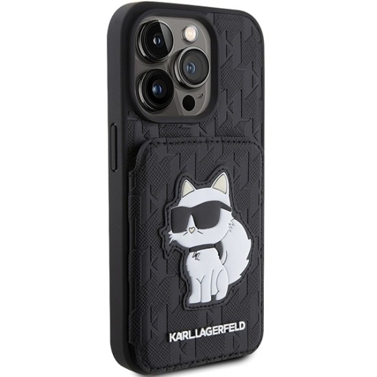 Husa pentru iPhone 15 Pro Max - Karl Lagerfeld Saffiano Cardslots and Stand (KLHCP15XSAKCNSCK) - Monogram Choupette