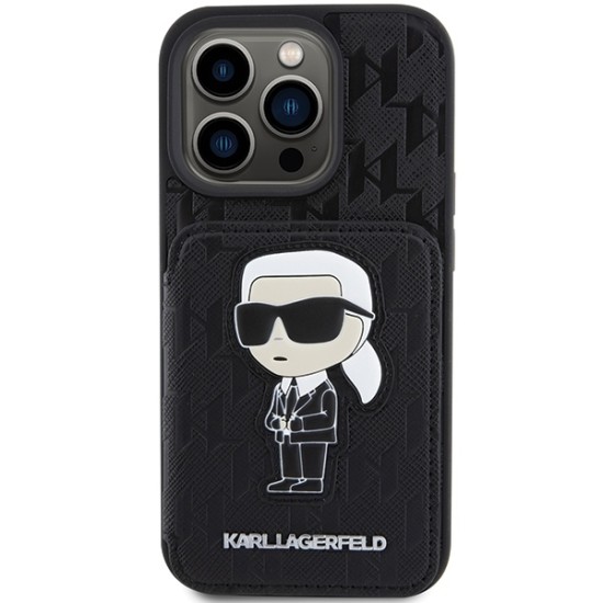 Husa pentru iPhone 15 Pro Max - Karl Lagerfeld Saffiano Cardslots and Stand (KLHCP15XSAKKNSCK) - Monogram Ikonik