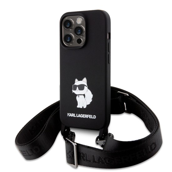 Husa pentru iPhone 15 Pro Max - Karl Lagerfeld Silicone Crossbody (KLHCP15XSCBSCNK) - Choupette