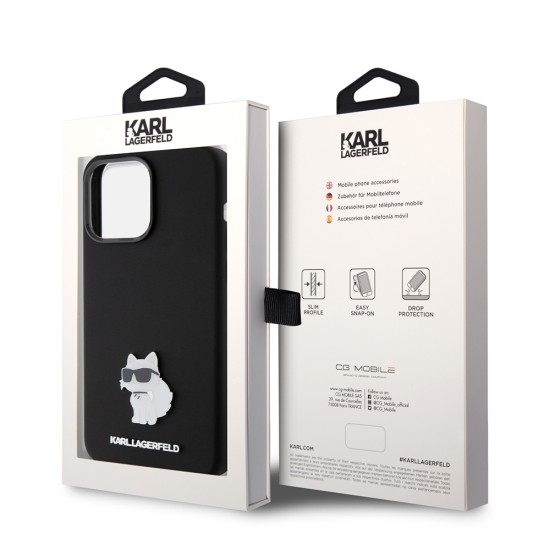 Husa pentru iPhone 15 Pro Max - Karl Lagerfeld Silicone (KLHCP15XSMHCNPK) - Choupette Metal Pin