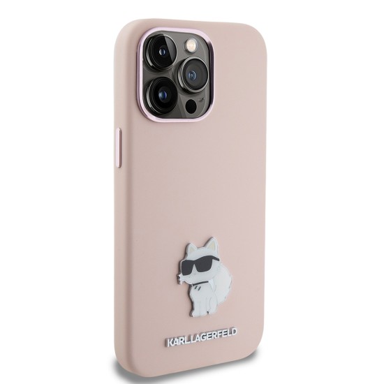 Husa pentru iPhone 15 Pro Max - Karl Lagerfeld Silicone (KLHCP15XSMHCNPP) - Pink Choupette Metal Pin