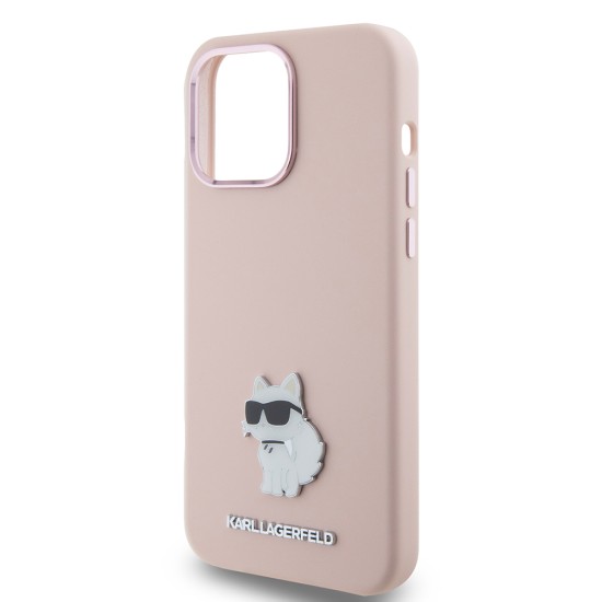 Husa pentru iPhone 15 Pro Max - Karl Lagerfeld Silicone (KLHCP15XSMHCNPP) - Pink Choupette Metal Pin