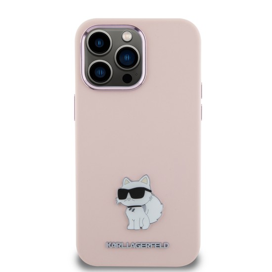 Husa pentru iPhone 15 Pro Max - Karl Lagerfeld Silicone (KLHCP15XSMHCNPP) - Pink Choupette Metal Pin