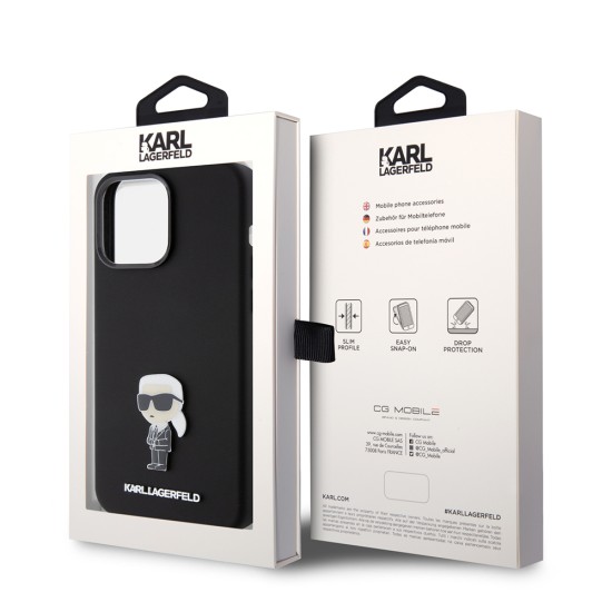 Husa pentru iPhone 15 Pro Max - Karl Lagerfeld Silicone (KLHCP15XSMHKNPK) - Ikonik Metal Pin