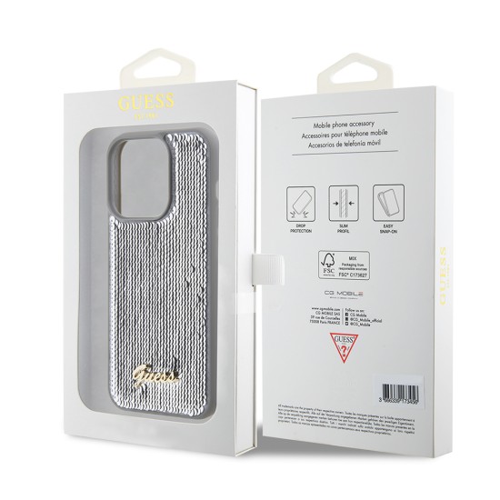 Husa pentru iPhone 15 Pro Max - Sequin Script Metal (GUHCP15XPSFDGSS) - Silver Husa pentru iPhone 15 Pro Max - Sequin Script Metal (GUHCP15XPSFDGSS) - Silver