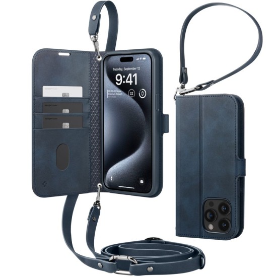 Husa pentru iPhone 15 Pro - Spigen Wallet S Pro - Navy