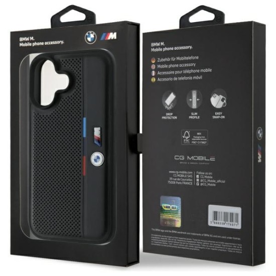 Husa pentru iPhone 16 - BMW Hardcase M Perforated Tricolor Detail Line (BMHCP16S23PUPVK) - Black