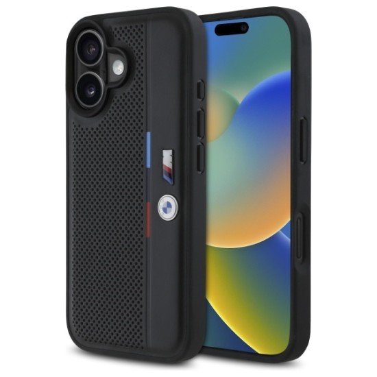 Husa pentru iPhone 16 - BMW Hardcase M Perforated Tricolor Detail Line (BMHCP16S23PUPVK) - Black