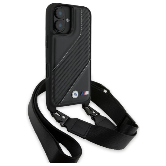 Husa pentru iPhone 16 - BMW Leather M Edition Carbon Stripe & Strap (BMHCP16S23PSCCK) - Black