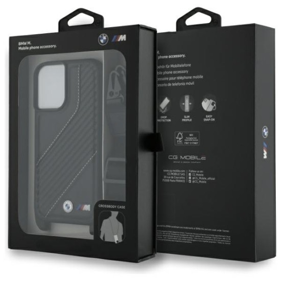 Husa pentru iPhone 16 - BMW Leather M Edition Carbon Stripe & Strap (BMHCP16S23PSCCK) - Black