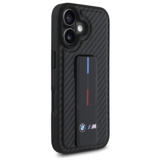 Husa pentru iPhone 16 - BMW Leather M Grip Stand Smooth and Carbon (BMHCP16SGSPCCK) - Black