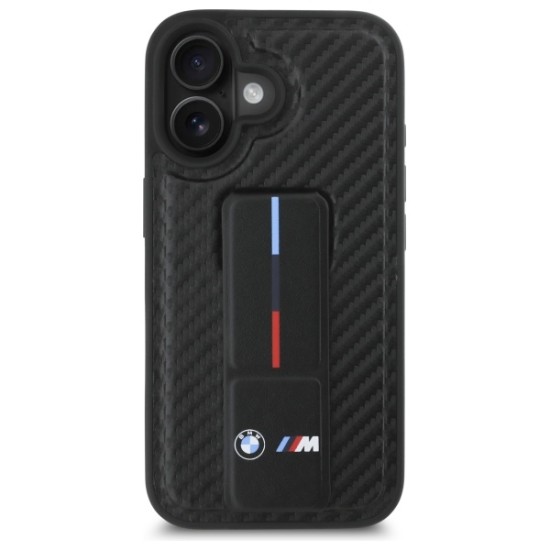 Husa pentru iPhone 16 - BMW Leather M Grip Stand Smooth and Carbon (BMHCP16SGSPCCK) - Black