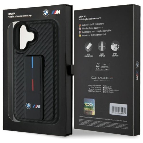 Husa pentru iPhone 16 - BMW Leather M Grip Stand Smooth and Carbon (BMHCP16SGSPCCK) - Black