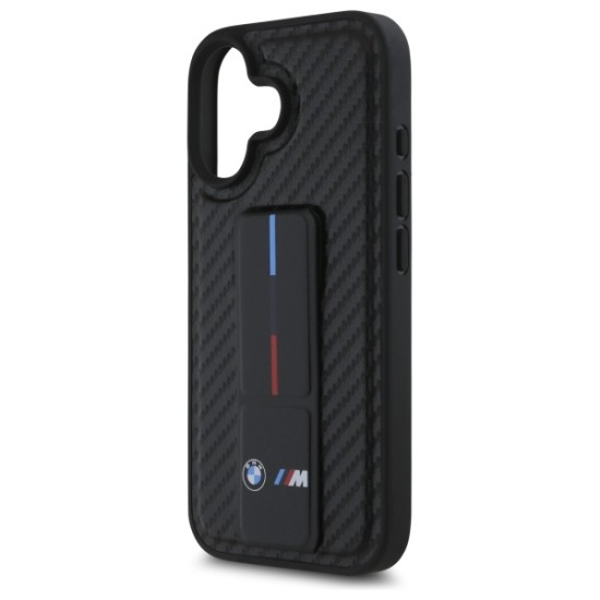 Husa pentru iPhone 16 - BMW Leather M Grip Stand Smooth and Carbon (BMHCP16SGSPCCK) - Black