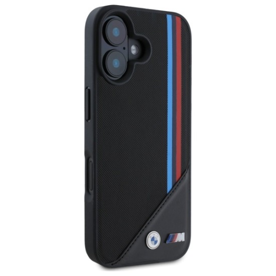 Husa pentru iPhone 16 - BMW Leather M Meshed Tricolor Stripes MagSafe (BMHMP16S23PUTRK) - Black