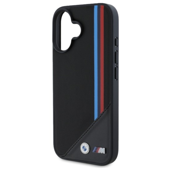 Husa pentru iPhone 16 - BMW Leather M Meshed Tricolor Stripes MagSafe (BMHMP16S23PUTRK) - Black