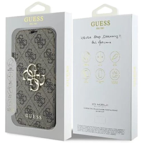 Husa pentru iPhone 16 - Guess Book 4G (GUBKP16S4GMGBR) - Brown