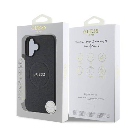 Husa pentru iPhone 16 - Guess Grained Gold Ring MagSafe (GUHMP16SPGHSMMK) - Black