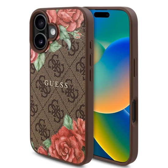 Husa pentru iPhone 16 - Guess Hardcase 4G Flower Print MagSafe (GUHMP16SP4ROPEMCW) - Brown