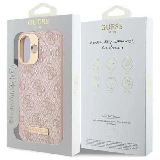 Husa pentru iPhone 16 - Guess Hardcase 4G Logo Plate MagSafe (GUHMP16SU4GPRP) - Pink