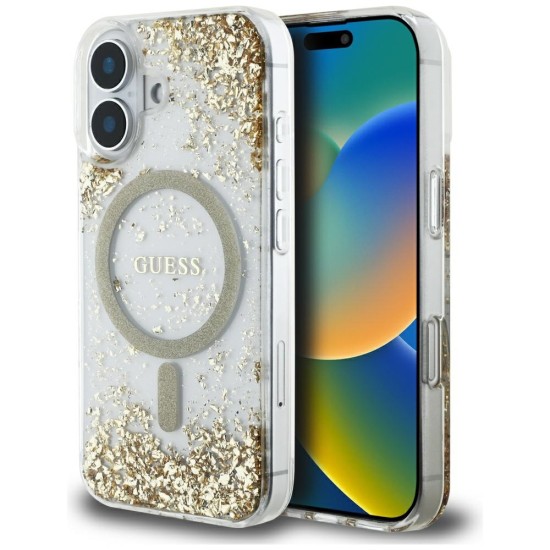 Husa pentru iPhone 16 - Guess Hardcase Resin Bottom Glitter MagSafe (GUHMP16SRGRGED) - Gold