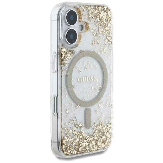 Husa pentru iPhone 16 - Guess Hardcase Resin Bottom Glitter MagSafe (GUHMP16SRGRGED) - Gold