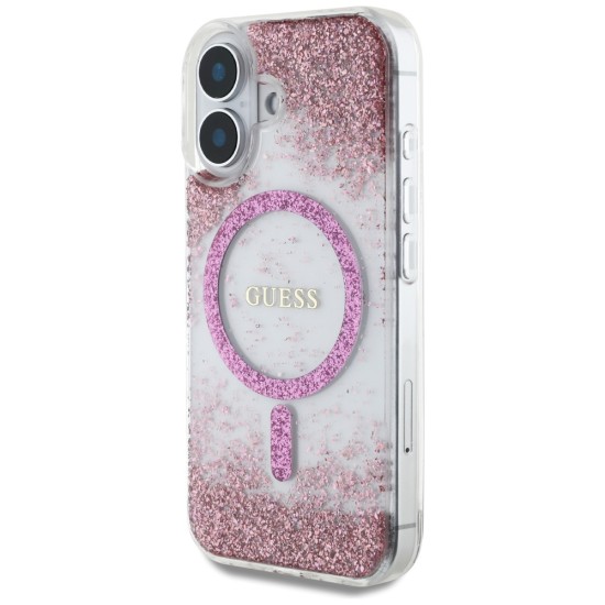 Husa pentru iPhone 16 - Guess Hardcase Resin Bottom Glitter MagSafe (GUHMP16SRGRGEP) - Pink